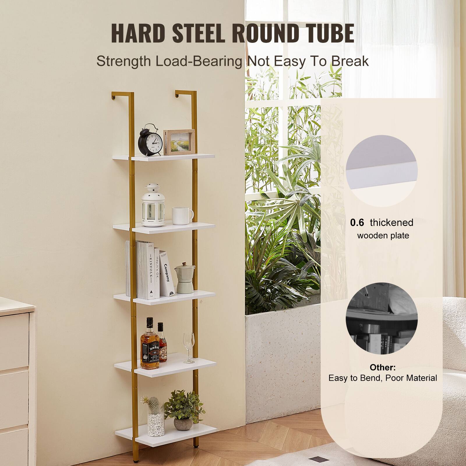 HARD STEEL ROUND TUBE  
Strength Load-Bearing Not Easy To Break  

0.6 thickened wooden plate  

Other:  
Easy to Bend, Poor Material