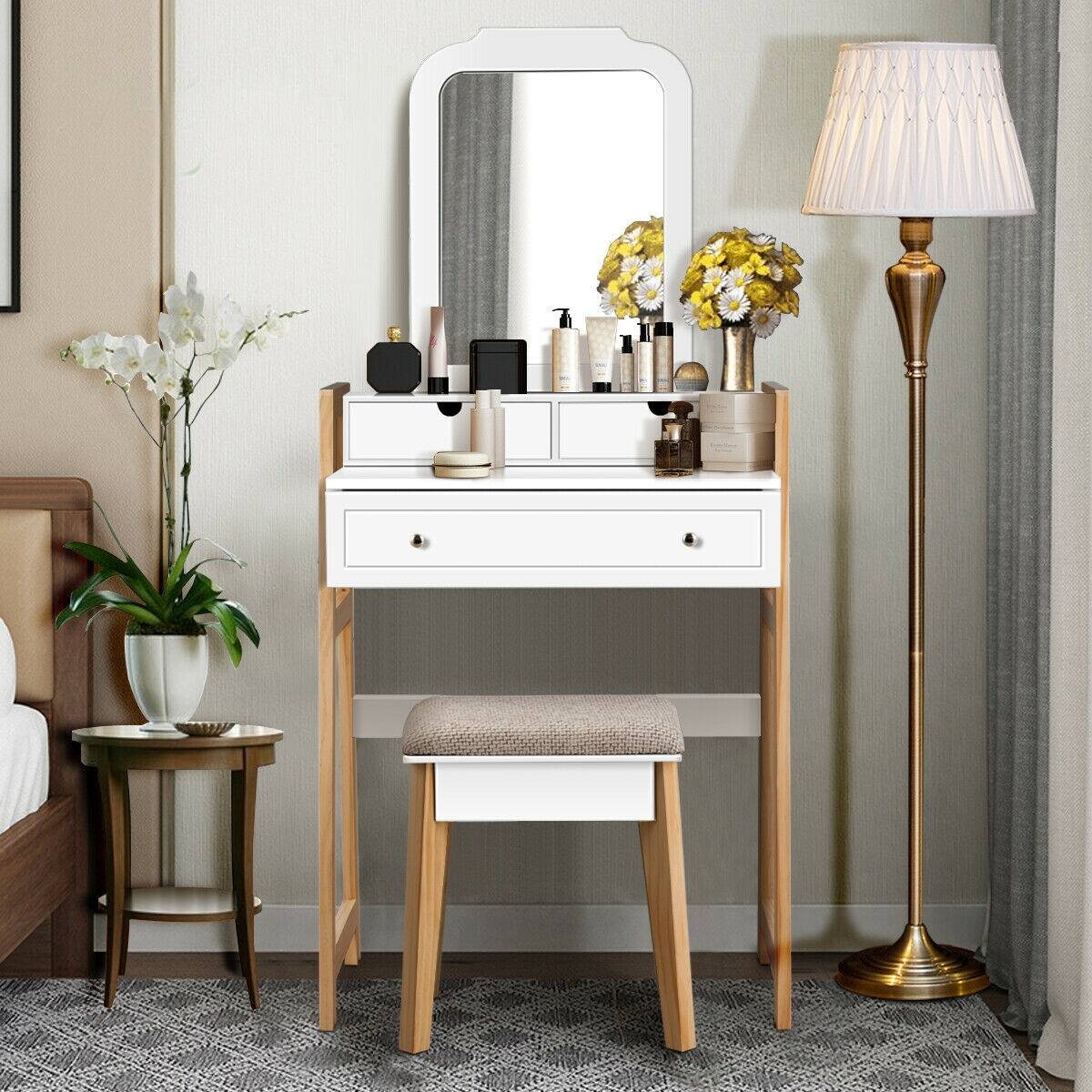 Alt View 7. Ecooso - Vanity Table Set with Large Mirror, Wide Top and Soft Stool for Bedroom Organization - White and Natural.
