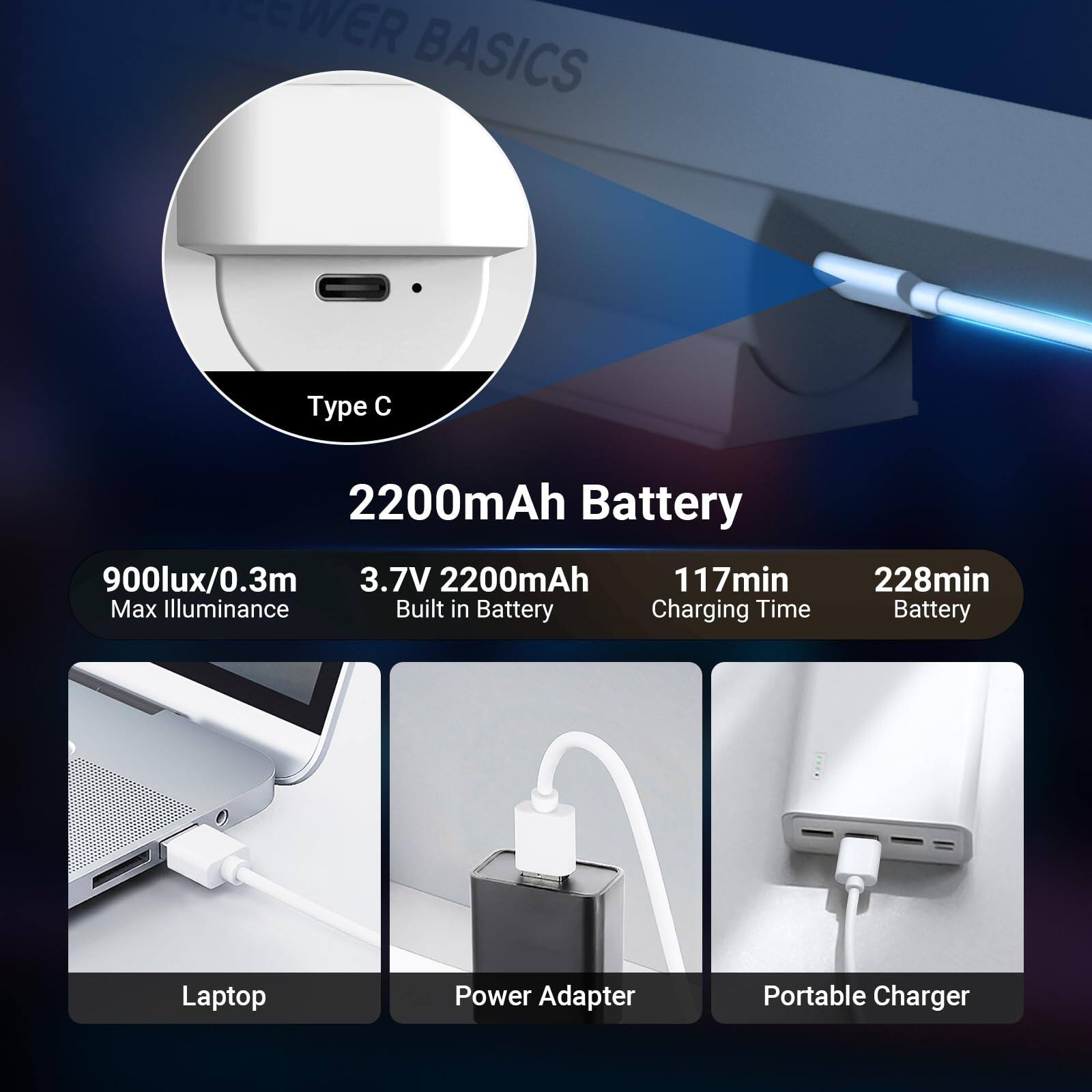 SEWER BASICS

2200mAh Battery

900lux/0.3m Max Illuminance

3.7V 2200mAh Built in Battery

117min Charging Time

228min Battery

Laptop Power Adapter Portable Charger