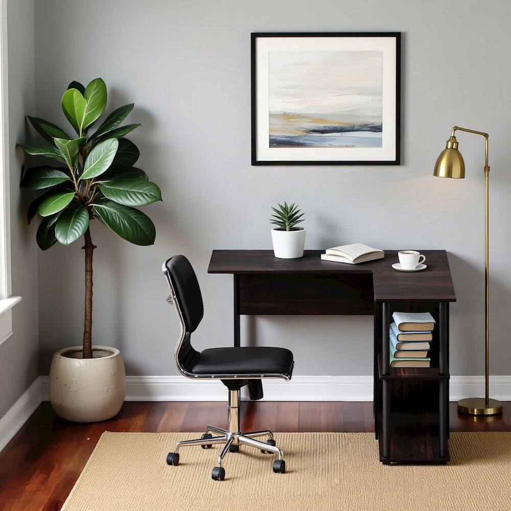 Back. FurniFact - Black L Shaped Desk with Bookshelf and Storage Drawers for Office Use - Espresso/Black.