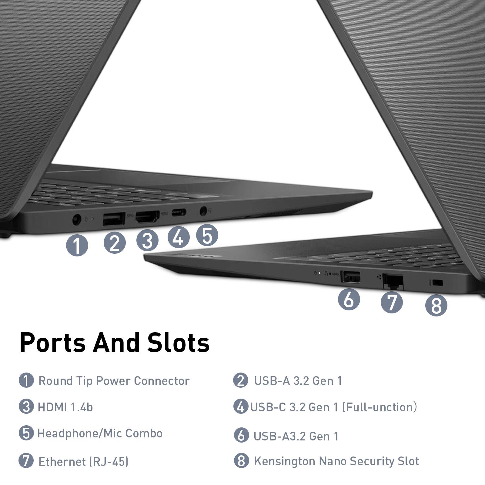 1
2
SSAT
3
YOU
4
5
Ports And Slots
6
7
8
1 Round Tip Power Connector
2 USB-A 3.2 Gen 1
3 HDMI 1.4b
4 USB-C 3.2 Gen 1 (Full-function)
5 Headphone/Mic Combo
6 USB-A 3.2 Gen 1
7 Ethernet (RJ-45)
8 Kensington Nano Security Slot
