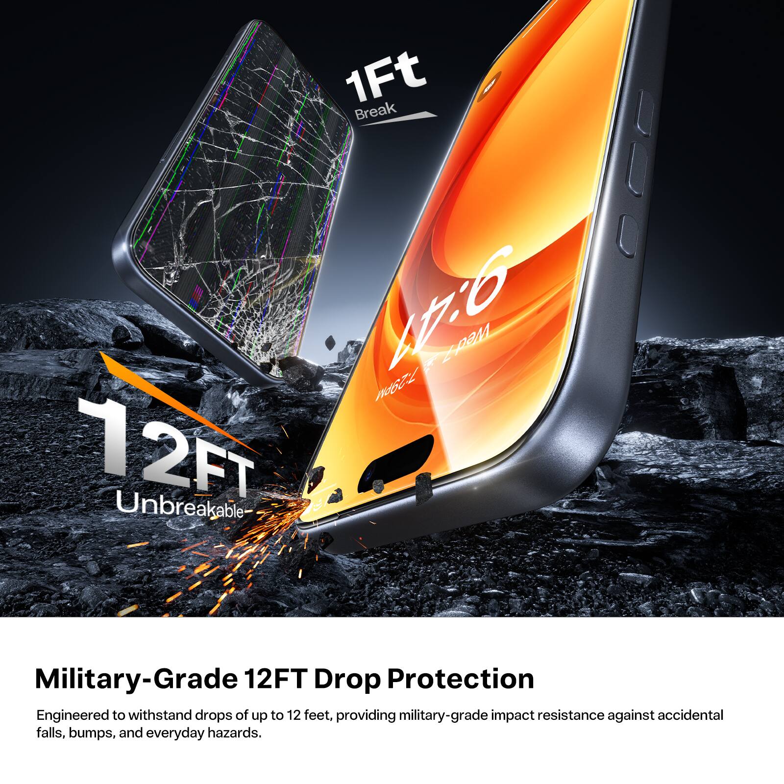 1Ft Break  
L76 F 21 729  
12FT Unbreakable  
Military-Grade 12FT Drop Protection  
Engineered to withstand drops of up to 12 feet, providing military-grade impact resistance against accidental falls, bumps, and everyday hazards.