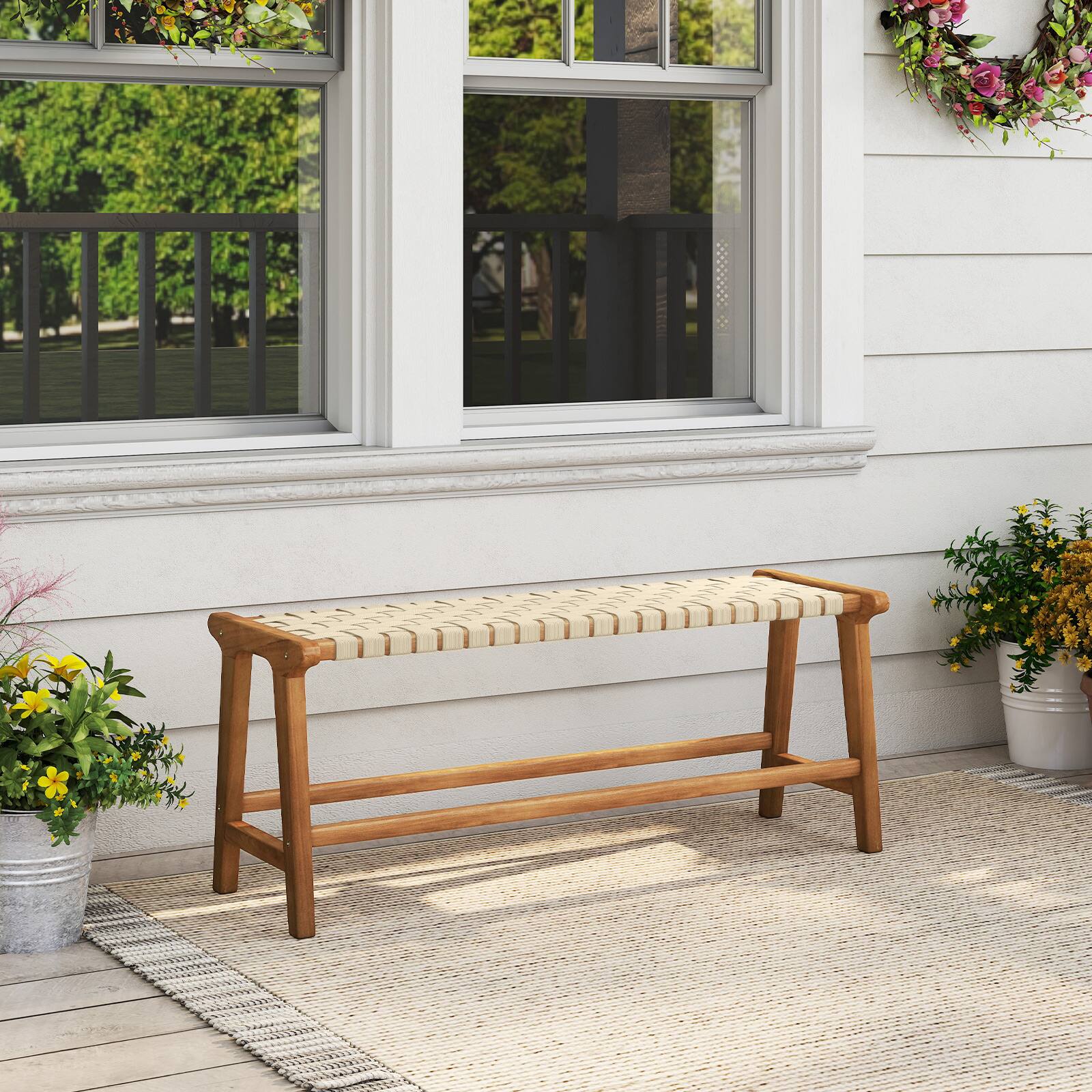 Alt View 1. Gymax - Gymax 47'' Long Teak Wood Patio Bench w/Weave Seat Solid Wood Legs Backless for Porch - Beige.