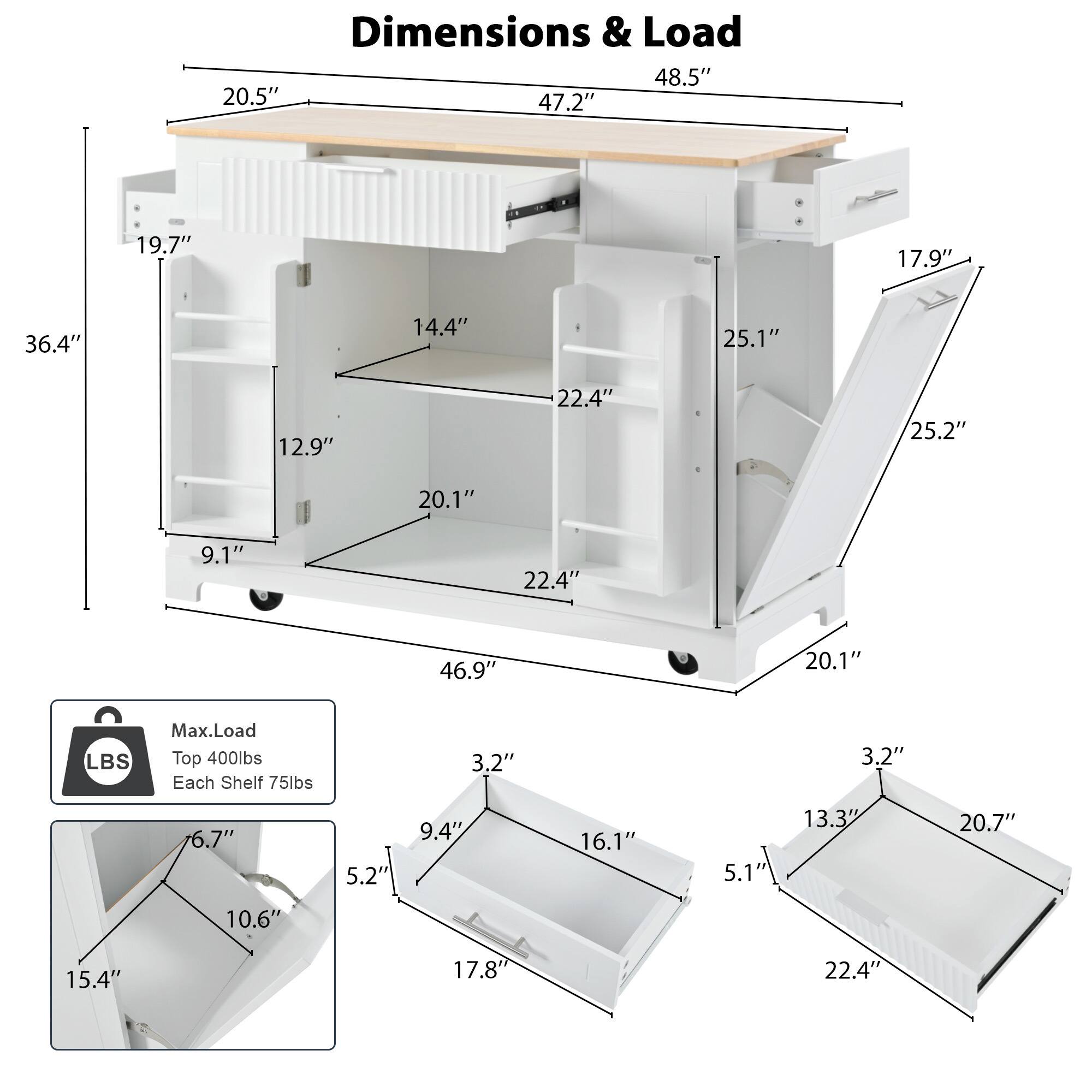 Dimensions & Load

- Width: 48.5"
- Depth: 20.5"
- Height: 47.2"
- Shelf 1: 19.7" (Height) x 14.4" (Depth) x 25.1" (Width)
- Shelf 2: 12.9" (Height) x 20.1" (Depth) x 25.2" (Width)
- Shelf 3: 9.1" (Height) x 22.4" (Depth) x 25.2" (Width)
- Drawer: 17.9" (Height) x 22.4" (Depth) x 25.2" (Width)
- Total Height: 36.4"
- Total Depth: 20.1"
- Total Width: 46.9"

Max. Load
- Top: 400 lbs
- Each Shelf: 75 lbs

Additional Dimensions:
- 3.2" (Height) x 6.7" (Width) x 10.6" (Depth)
- 5.2" (Height)
