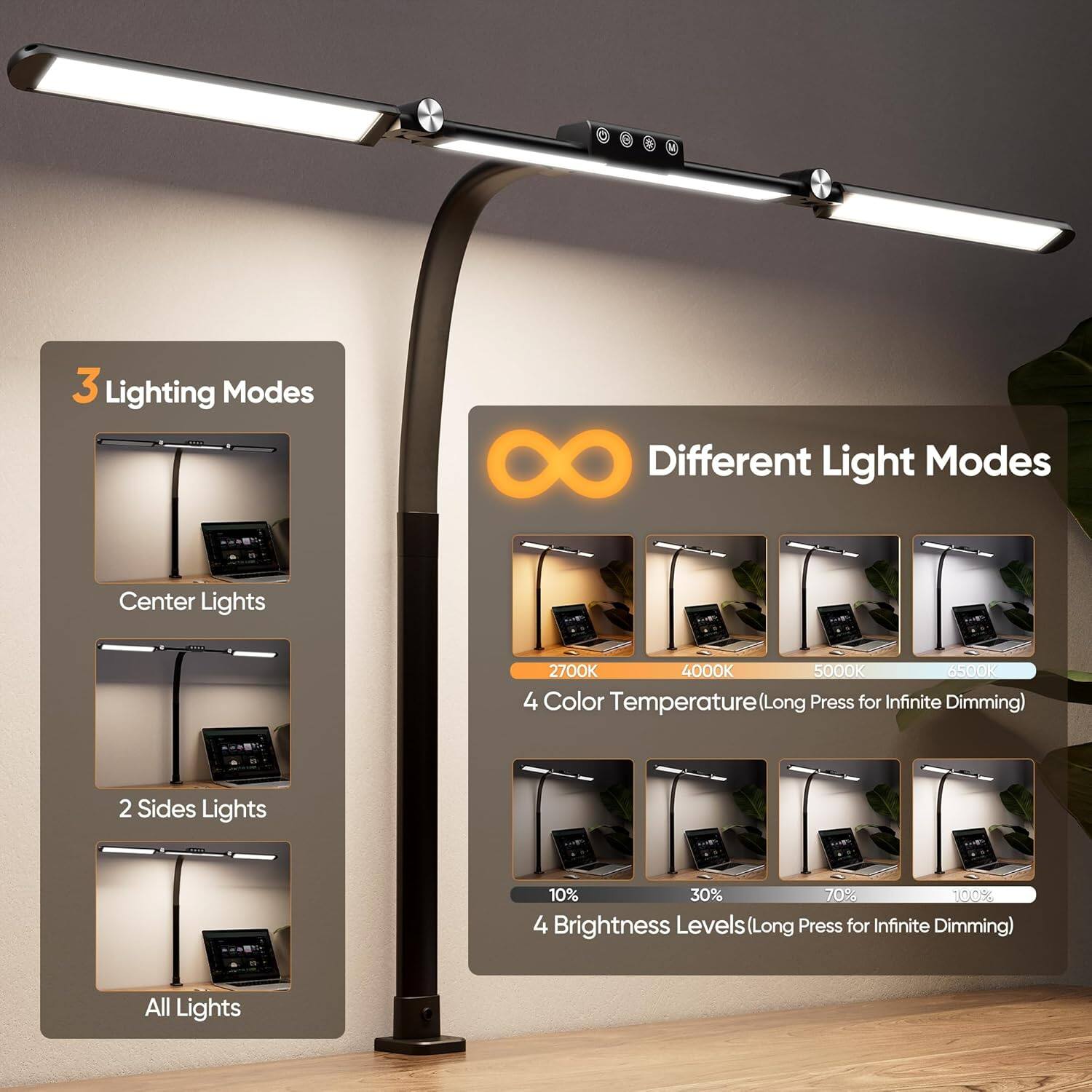3 Lighting Modes  
- Center Lights  
- 2 Sides Lights  
- All Lights  

Different Light Modes  
- 4 Color Temperature (Long Press for Infinite Dimming): 2700K, 4000K, 5000K, 6500K  
- 4 Brightness Levels (Long Press for Infinite Dimming): 10%, 30%, 70%, 100%