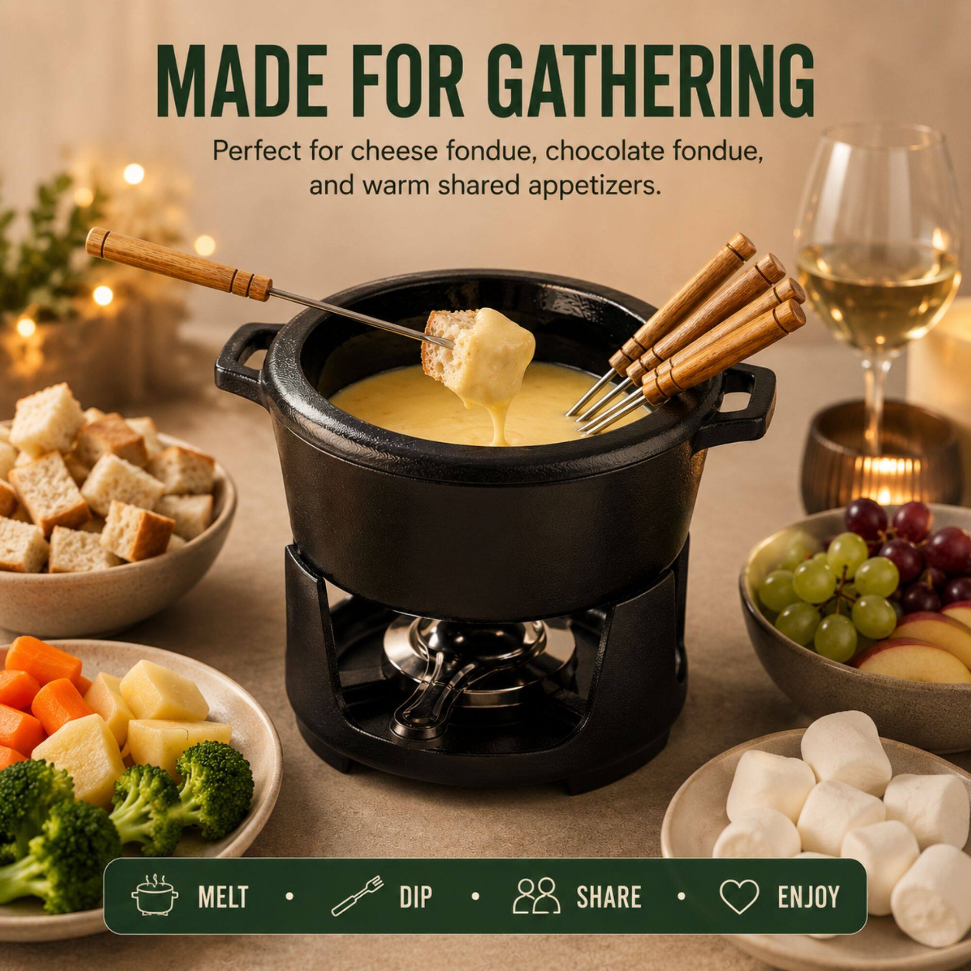 Alva Nori Enameled Cast Iron Fondue Set, 8 Piece, 2 Qt Black