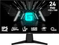 The text on the image reads: "24 FHD 1920 X 1080 T IPS PANEL 144 Hz 1ms 1 ms MPRT HDR READY UFT AI-VISION Wide Color Gamut msi."
