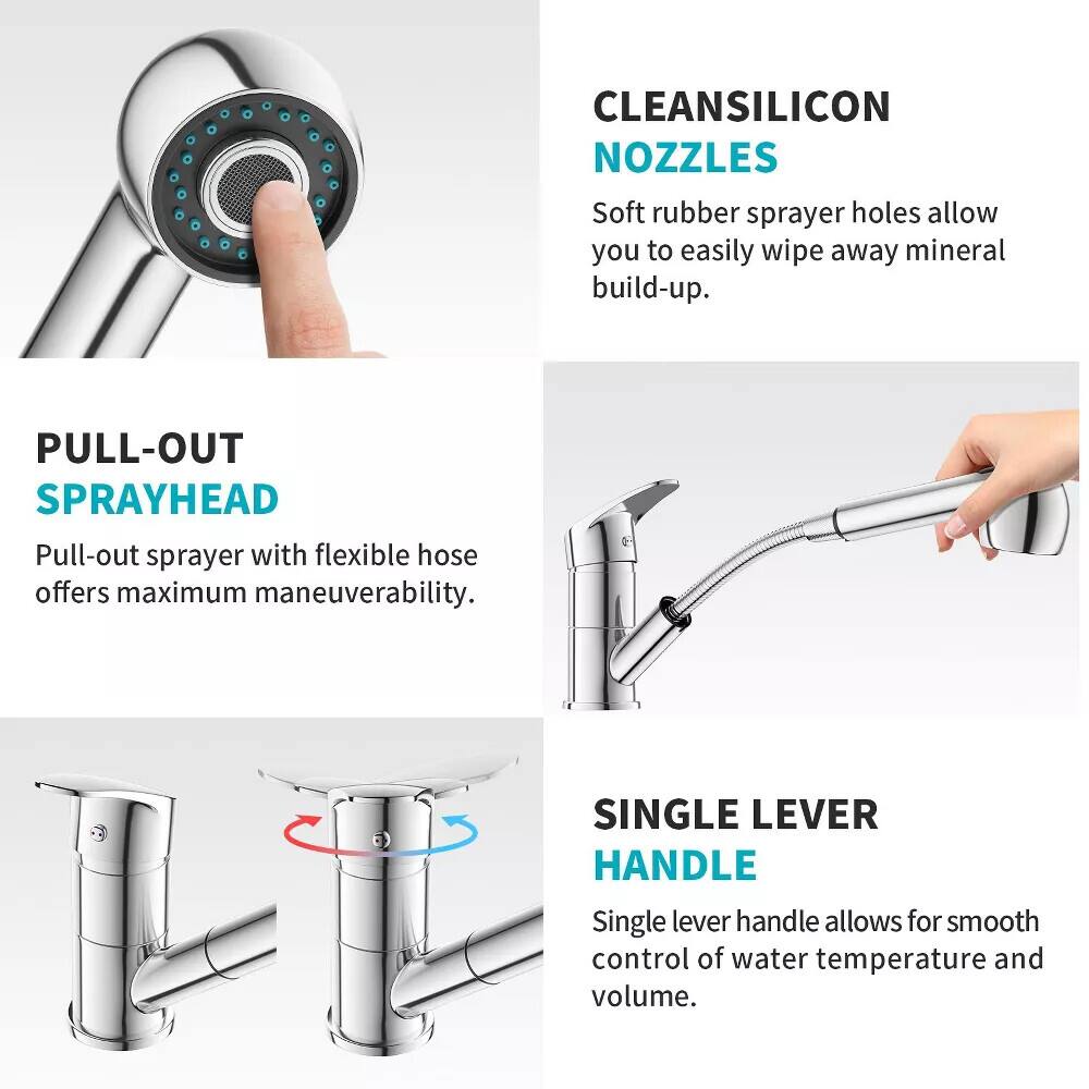CLEANSILICON NOZZLES: Soft rubber spray holes allow you to easily wipe away mineral build-up.  
PULL-OUT SPRAYHEAD: Pull-out sprayer with flexible hose offers maximum maneuverability.  
SINGLE LEVER HANDLE: Single lever handle allows for smooth control of water temperature and volume.
