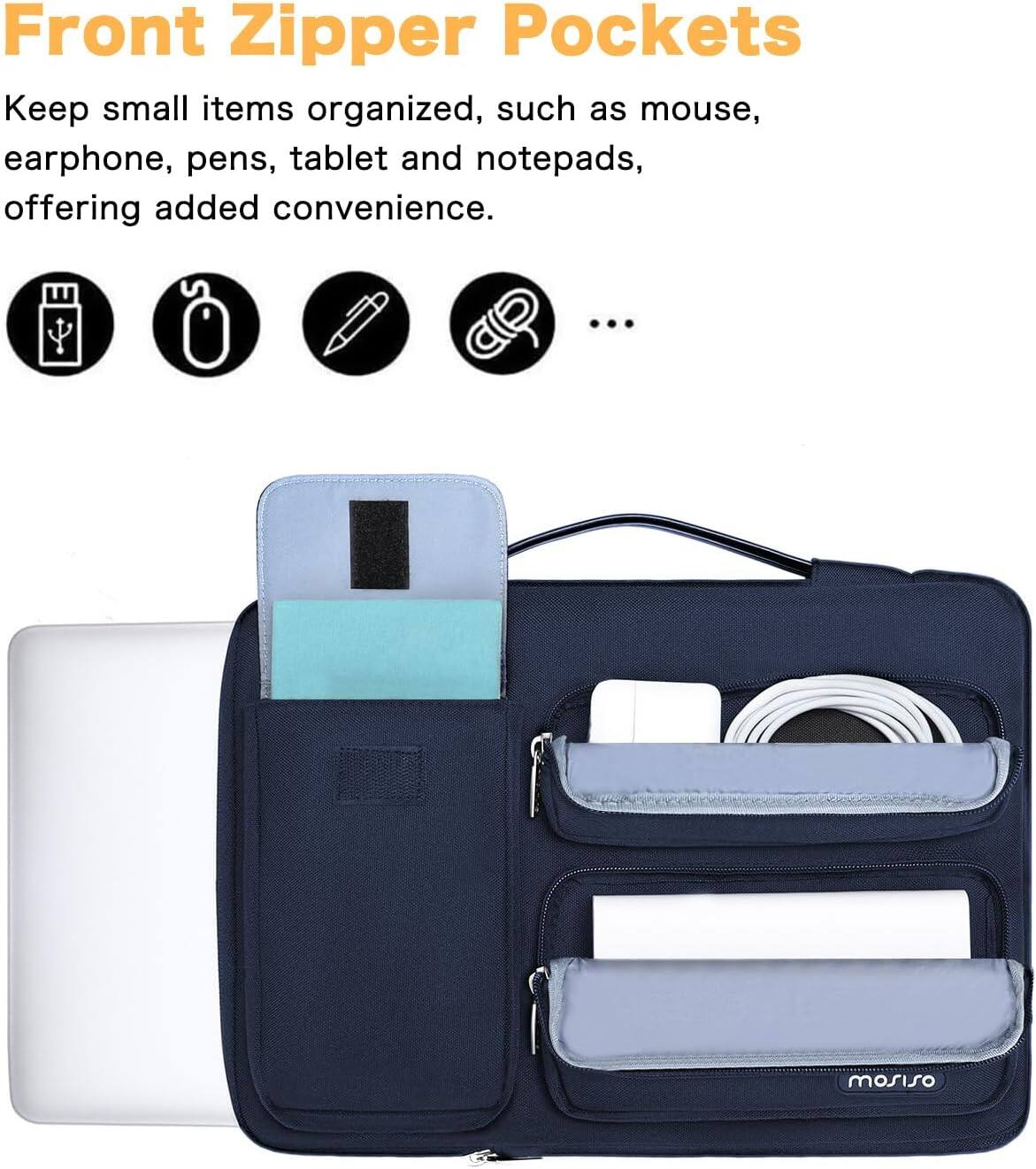 Front Zipper Pockets

Keep small items organized, such as mouse, earphone, pens, tablet and notepads, offering added convenience.