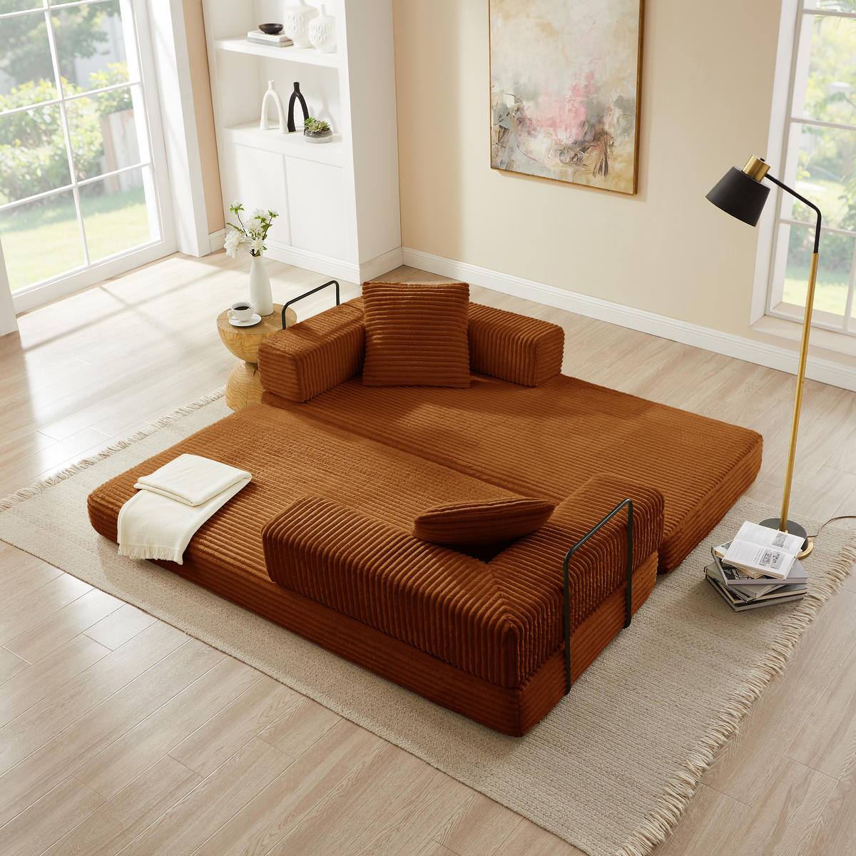 Alt View 3. Meqiodas - 81''Convertible Sofa Bed, Folding Floor Couch with Square Armrest, Comfy Sleeper Mattress for Living Room - Orange.