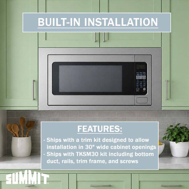 BUILT-IN INSTALLATION

FEATURES:
- Ships with a trim kit designed to allow installation in 30" wide cabinet openings
- Ships with TKSM30 kit including bottom duct, rails, trim frame, and screws

SUMMIT