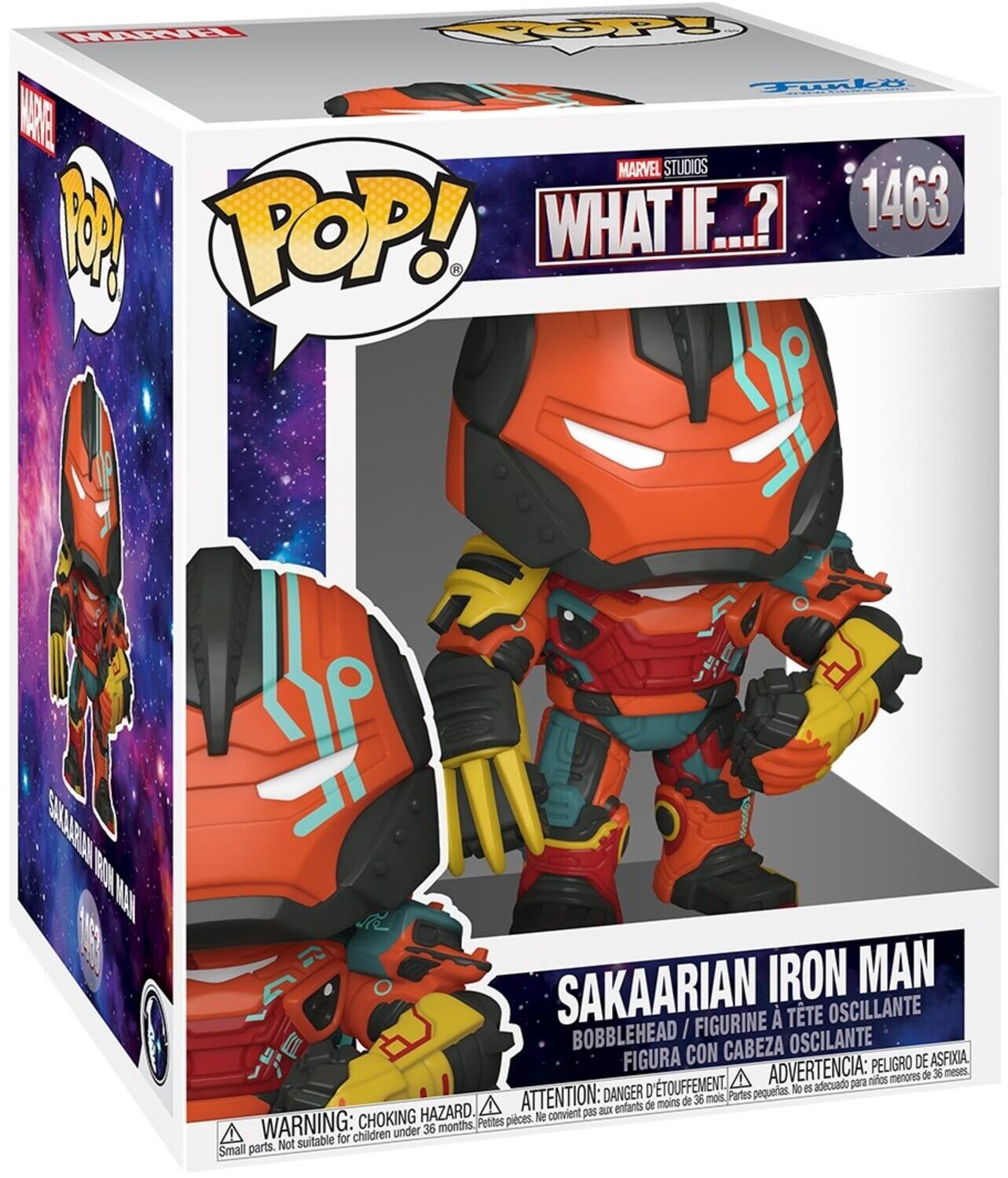 Sure, here is the corrected and grouped text from the image:

---

**MARVEL STUDIOS**  
**WHAT IF...?**

**POP!**  
**1463**

**SAKAARIAN IRON MAN**  
**BOBBLEHEAD / FIGURINE À TÊTE OSCILLANTE / FIGURA CON CABEZA OSCILANTE**

**WARNING: CHOKING HAZARD**  
Small parts. Not suitable for children under 36 months.  
**ATTENTION: DANGER D'ETOUFFEMENT**  
Ne convient pas aux enfants de moins de 36 mois.  
**ADVERTENCIA: PELIGRO DE ASFIXIA**  
No es adecuado para niños menores de 36 meses.

---

This text is organized to reflect the information on the packaging.