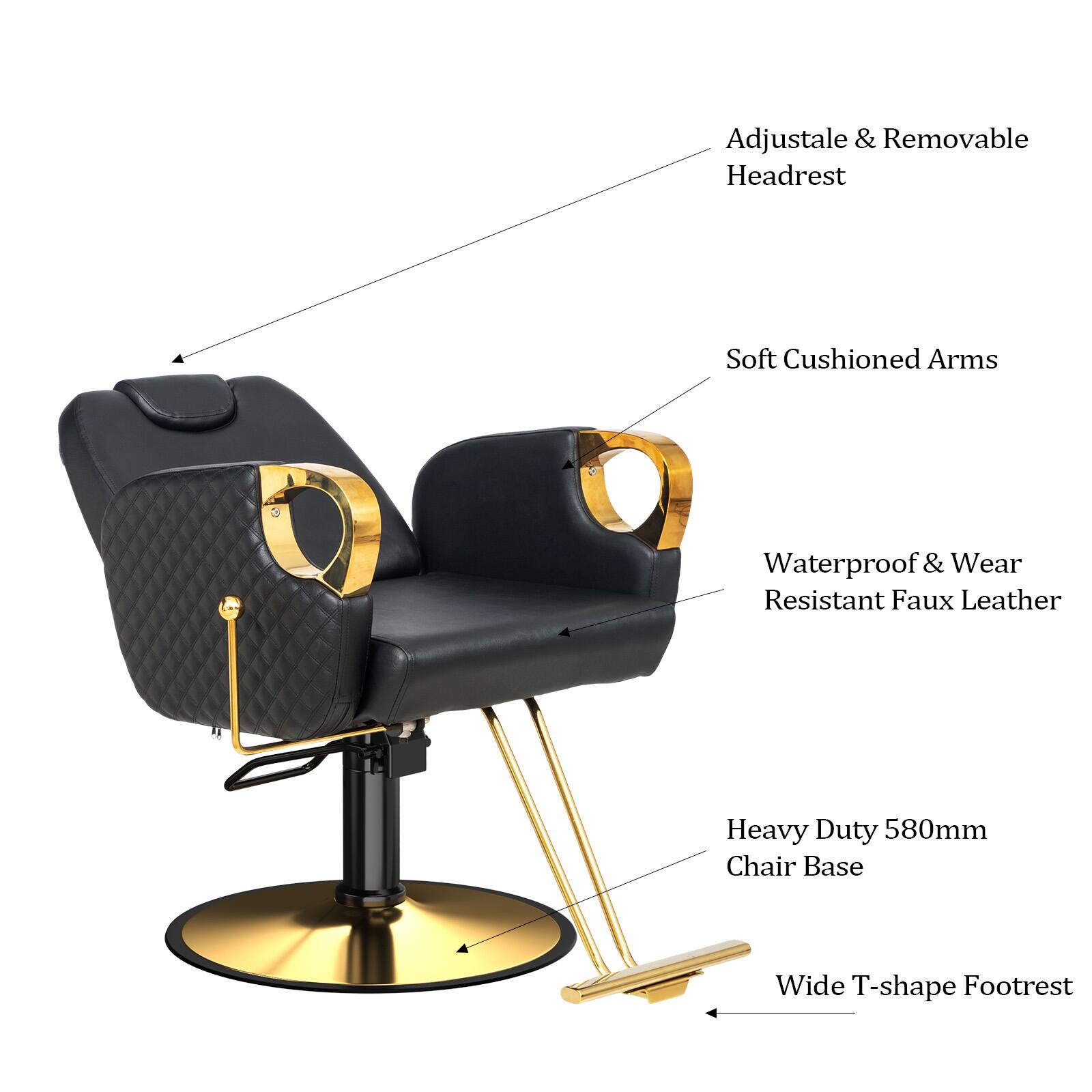 Adjustable & Removable Headrest  
Soft Cushioned Arms  
Waterproof & Wear Resistant Faux Leather  
Heavy Duty 580mm Chair Base  
Wide T-shape Footrest