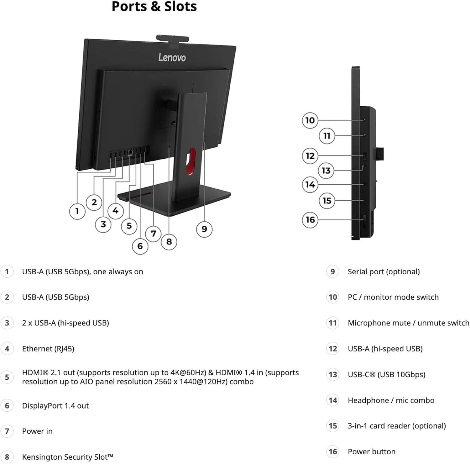Ports & Slots

1. USB-A (USB 5Gbps), one always on
2. USB-A (USB 5Gbps)
3. 2 x USB-A (hi-speed USB)
4. Ethernet (RJ45)
5. HDMI 2.1 out (supports resolution up to 4K@60Hz) & HDMI 1.4 in (supports resolution up to AIO panel resolution 2560 x 1440@120Hz) combo
6. DisplayPort 1.4 out
7. Power in
8. Kensington Security Slot™
9. Serial port (optional)
10. PC / monitor mode switch
11. Microphone mute / unmute switch
12. USB-A (hi-speed USB)
13. USB-C (USB 10Gbps)
14. Headphone / mic combo
15. 3-in-1 card reader (optional)
16. Power button