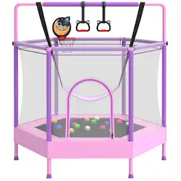 Segmart - 60" Mini Trampoline for Kids with Enclosure, Indoor Outdoor Toddler Trampoline with Adjustable Gymnastics Bars - Pink