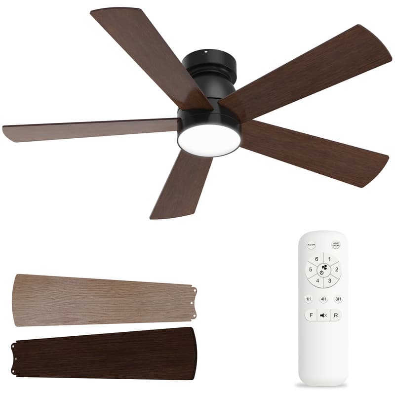 Front. Akofun - 48" Black Flush Mount Ceiling Fan w/Light & Remote - 6 Speed, Dimmable DC Motor, Quiet Timer for Bedroom/Living Room - Walnut.