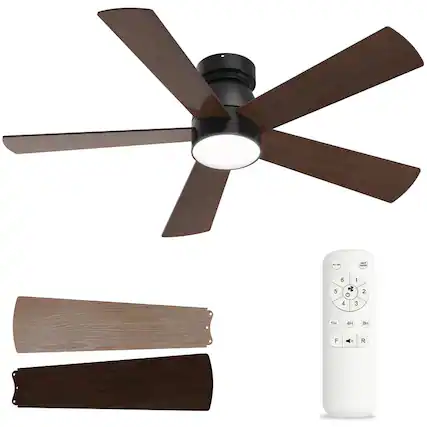 Front. Akofun - 48" Black Flush Mount Ceiling Fan w/Light & Remote - 6 Speed, Dimmable DC Motor, Quiet Timer for Bedroom/Living Room - Walnut.