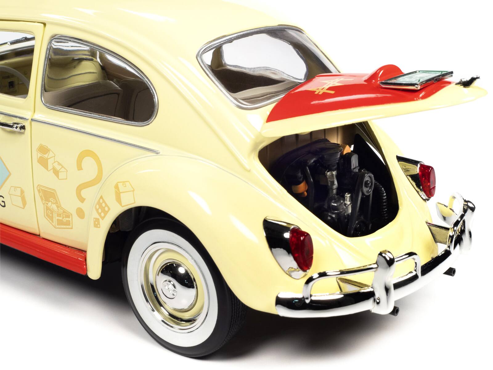 Back. Autoworld - 1963 Volkswagen Beetle Yukon Yellow Monopoly Free Parking Mr. Monopoly Resin Figure 1/18 Diecast Auto World - Yukon Yellow.