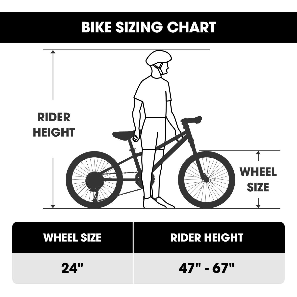 BIKE SIZING CHART

WHEEL SIZE | RIDER HEIGHT
24" | 47" - 67"
