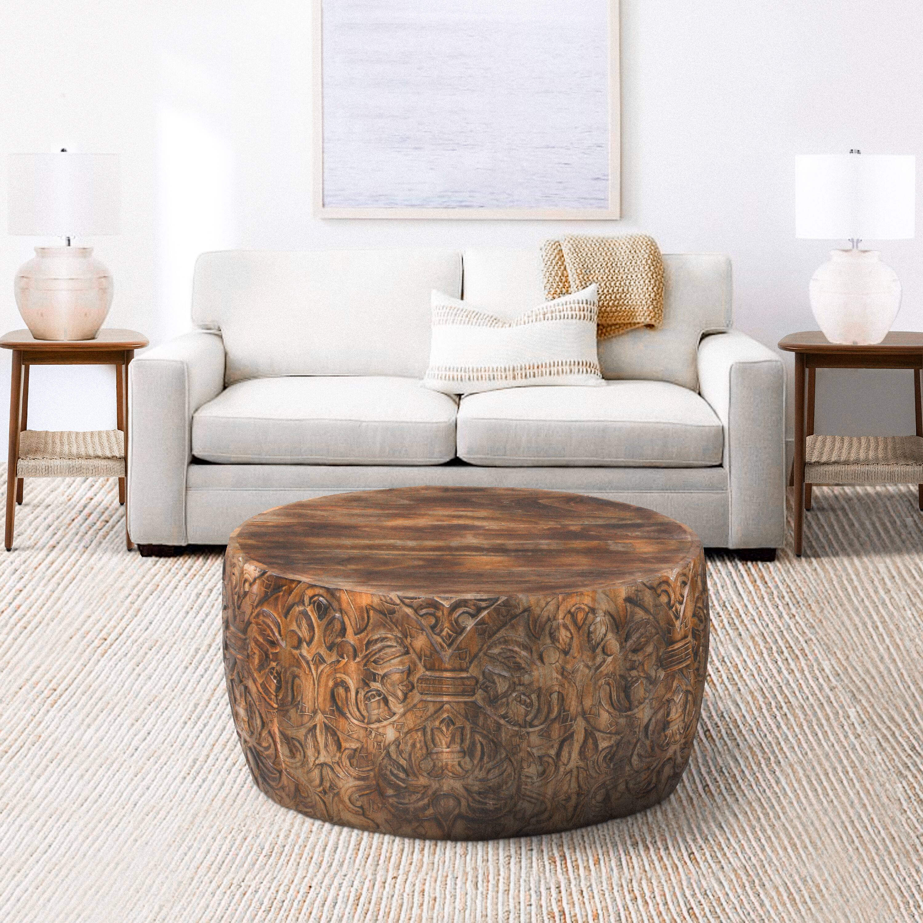 Alt View 7. Manhattan Lane - Rea 34 Inch Handcrafted Mango Wood Coffee Table, Round Drum Shape, Carved Damask Pattern - Brown.
