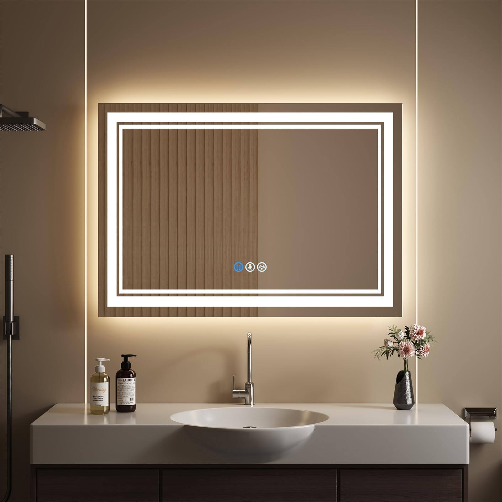 Earthley Blooms - Led Bathroom Mirror With Lights Human Body Sensing Lighted Vanity Wall Memory Function Anti-fog Dimmable - 24"L x 36"W