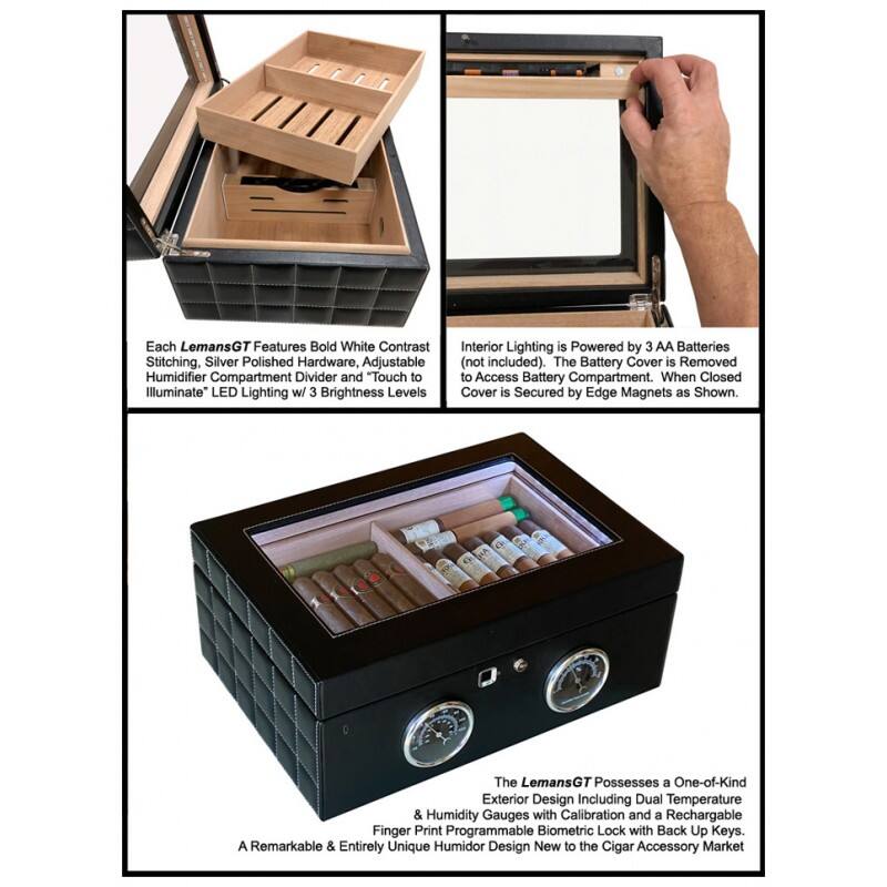 Each LemansGT Features Bold White Contrast Stitching, Silver Polished Hardware, Adjustable Humidifier Compartment Divider and "Touch to Illuminate" LED Lighting w/ 3 Brightness Levels. Interior Lighting is Powered by 3 AA Batteries (not included). The Battery Cover is Removed to Access Battery Compartment. When Closed, the Cover is Secured by Edge Magnets as Shown. The LemansGT Possesses a One-of-Kind Exterior Design Including Dual Temperature & Humidity Gauges with Calibration and a Rechargeable Finger Print Programmable Biometric Lock with Back Up Keys. A Remarkable & Entirely Unique Humidor Design New to the Cigar Accessory Market.