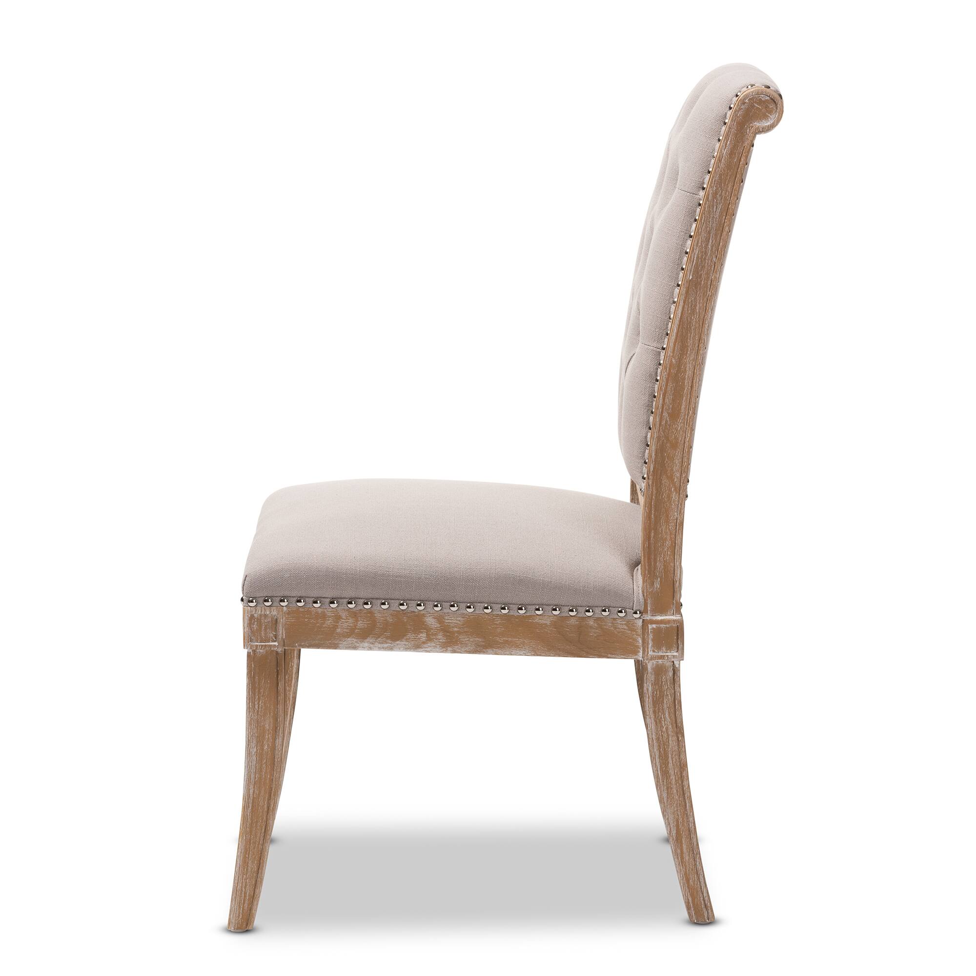 Left. Baxton Studio - Charmant French Provincial Fabric Upholstered Weathered Oak Finished Wood Dining Chair - Beige.