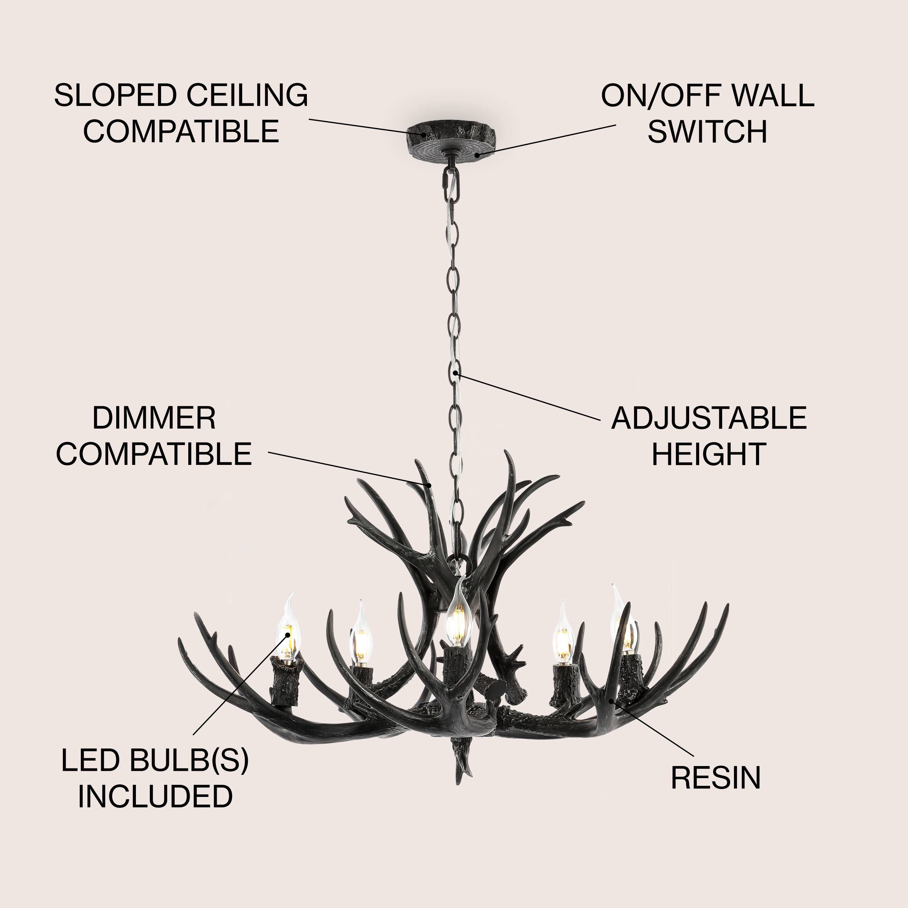 SLOPED CEILING COMPATIBLE  
ON/OFF WALL SWITCH  
DIMMER COMPATIBLE  
ADJUSTABLE HEIGHT  
LED BULB(S) INCLUDED  
RESIN