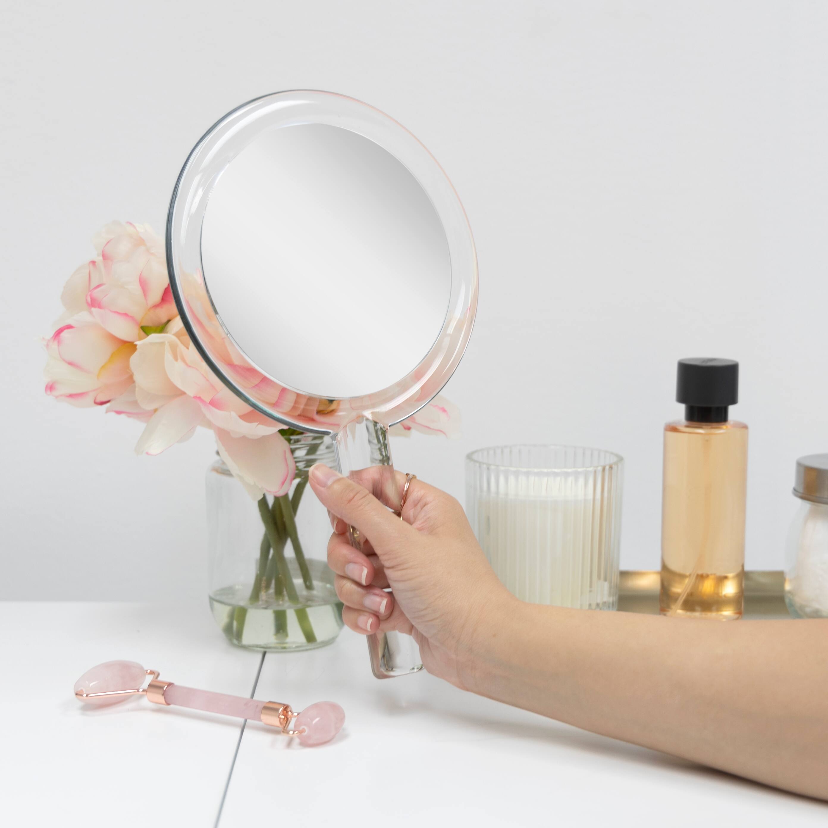 Angle. Zadro - Handheld Makeup Mirror with Dual 5X/1X Magnifications & Stand - Made In USA - Clear.