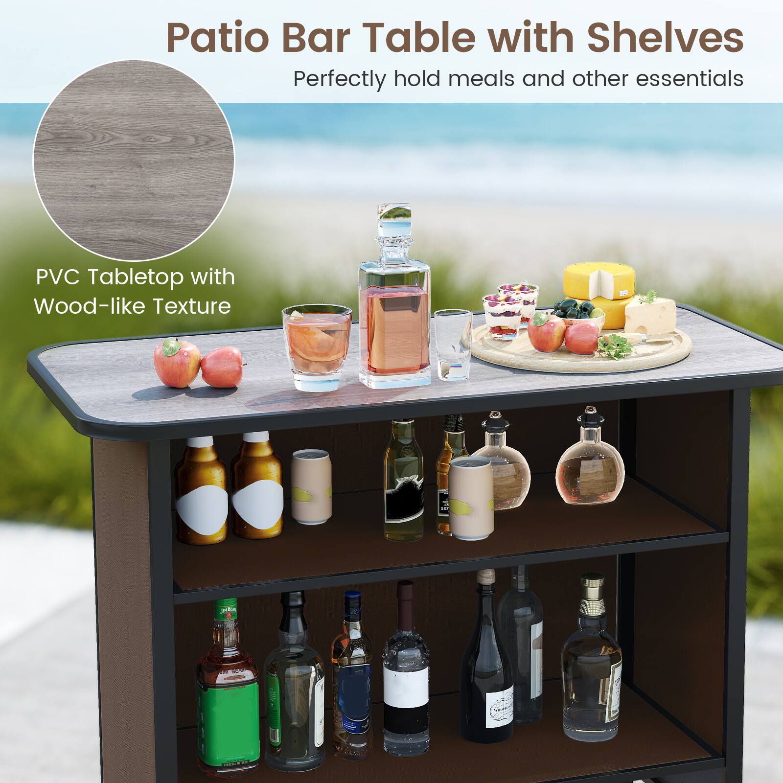 Patio Bar Table with Shelves  
Perfectly hold meals and other essentials  

PVC Tabletop with Wood-like Texture