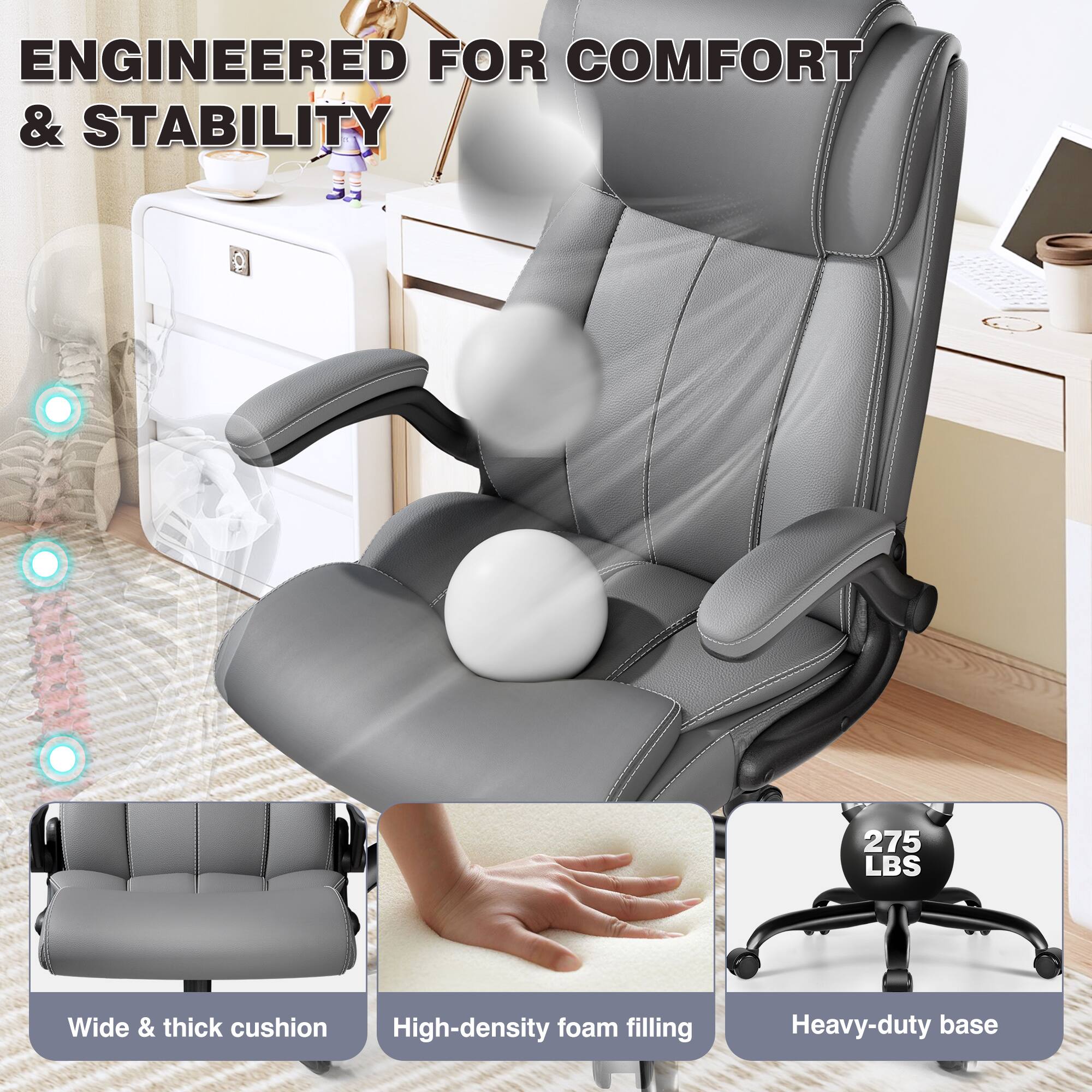 KERDOM - Ergonomic Office Chair - Desk Computer Chair, PU Leather High Back Executive Chair, Inflatable Lumbar Support, Wide Seat - Gray - Thumbnail 5