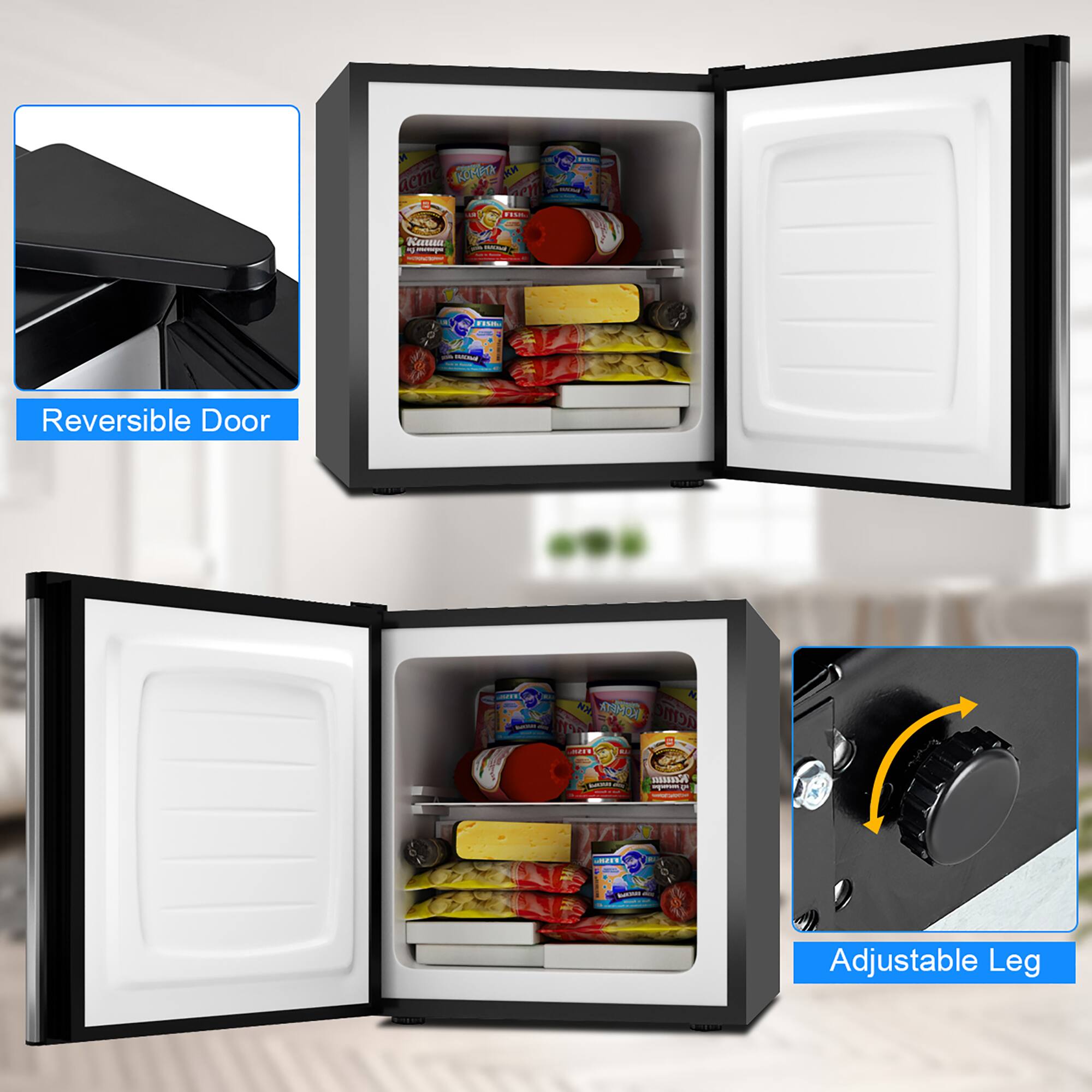 The image features a black and white refrigerator with a reversible door and adjustable leg. The refrigerator is filled with various food items, including multiple cans and bottles. The door can be opened and closed in two different ways, providing flexibility in use. Additionally, the adjustable leg allows for easy customization of the refrigerator's height to suit different needs and spaces.