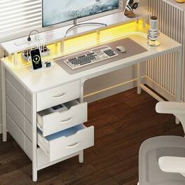 Anysun - 40" Computer Desk with Power Socket & LED Light - Gaming Desk with 4 Drawers & Monitor Stand - White