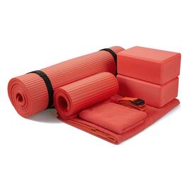 BalanceFrom Fitness - 7 Piece Yoga Set with Mat, Stretch Strap & Knee Pad - Red