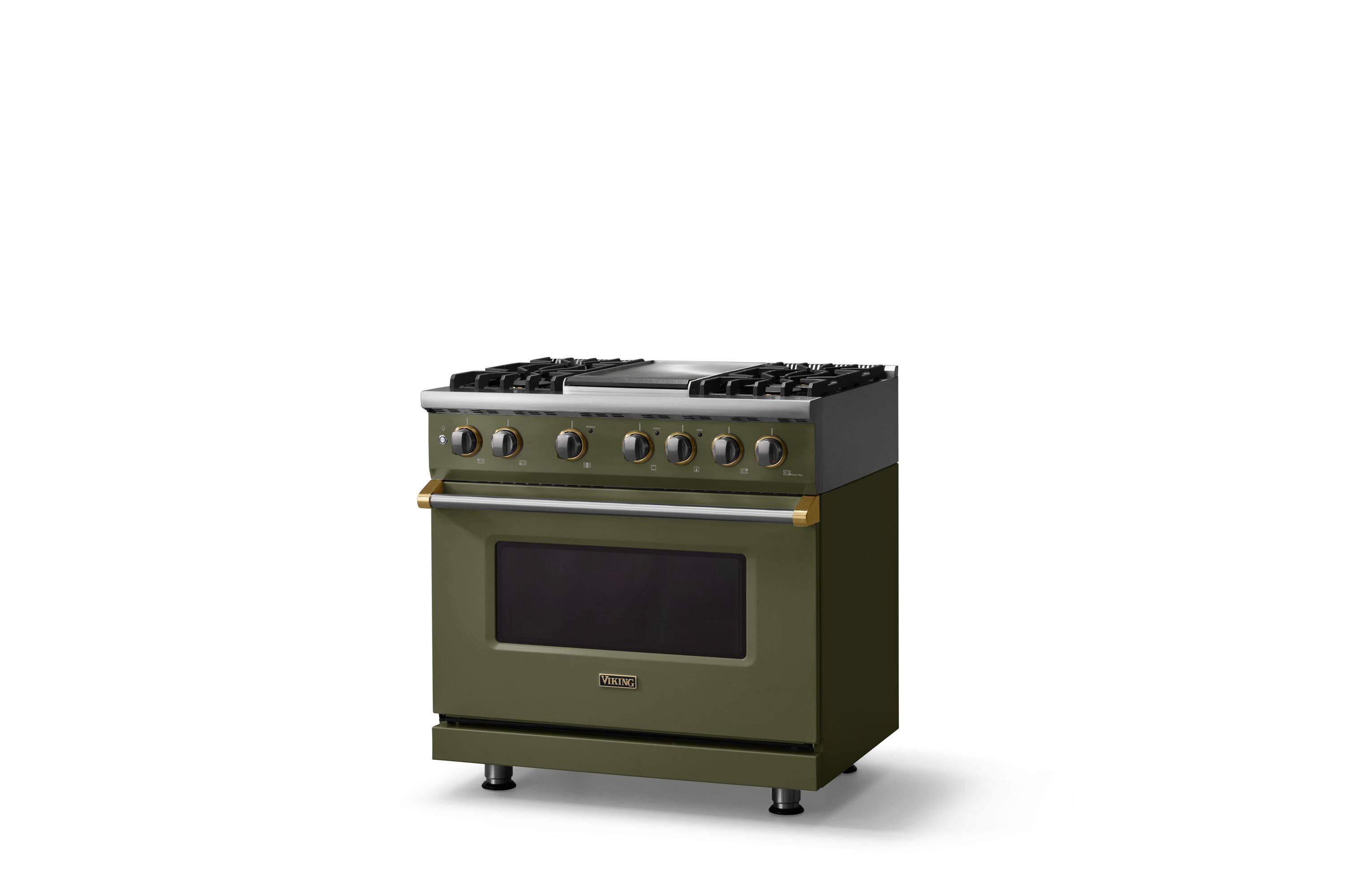 Angle. Viking - 36"W. Pro5S 5.6 Cu. Ft. Freestanding Self-Clean Sealed 4B Dual Fuel Convection Range/Grdl-Martini/Brushed Brass - Martini.