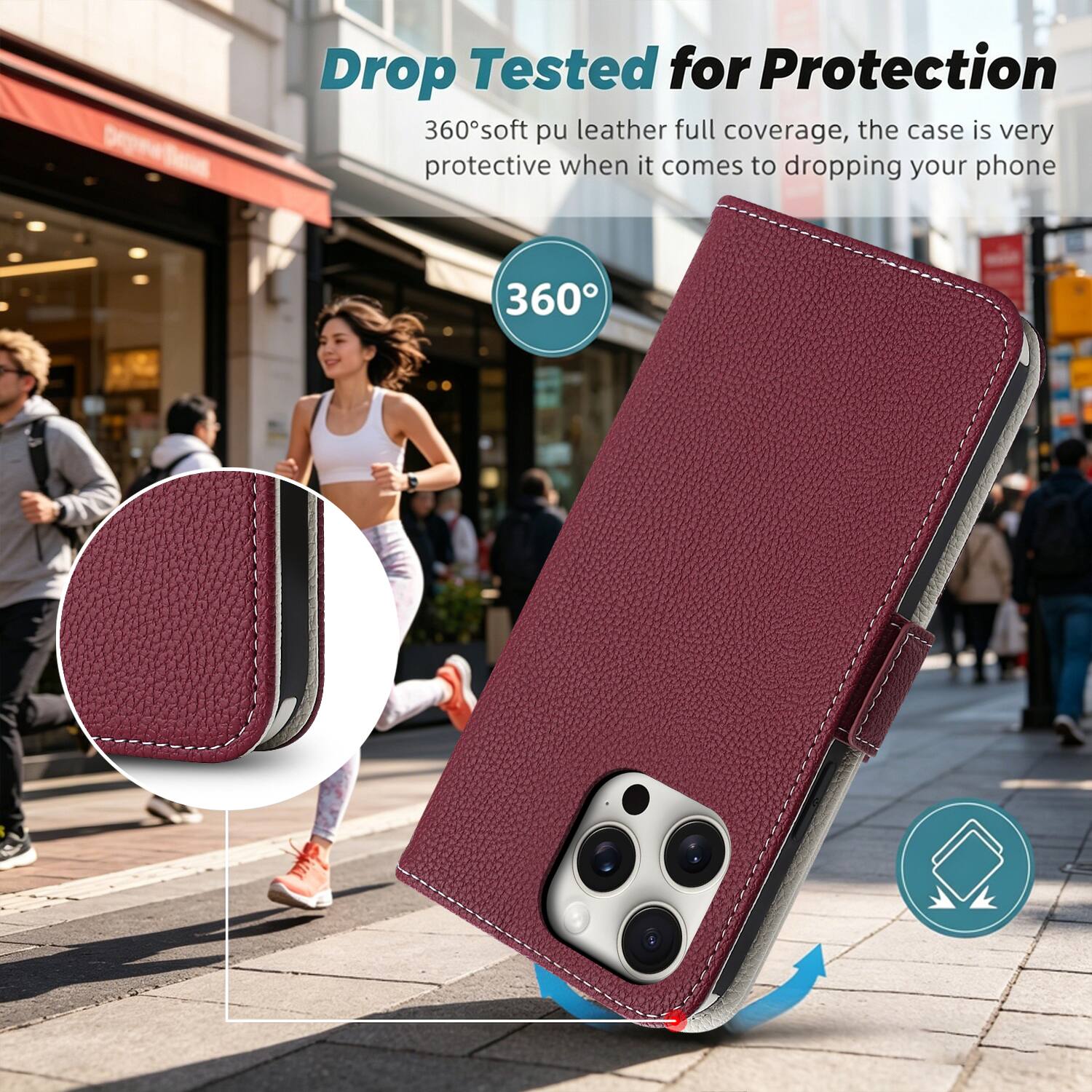 Drop Tested for Protection  
360° soft pu leather full coverage, the case is very protective when it comes to dropping your phone