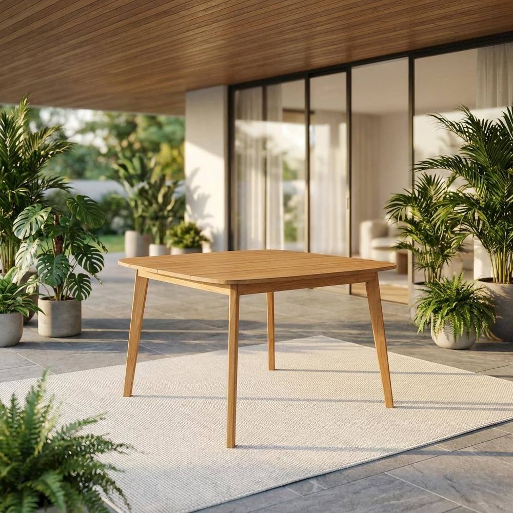Angle. Outdoor Escape - Square Outdoor Dining Table In Teak Wood, Spacious, Weather-Resistant Design - Brown.