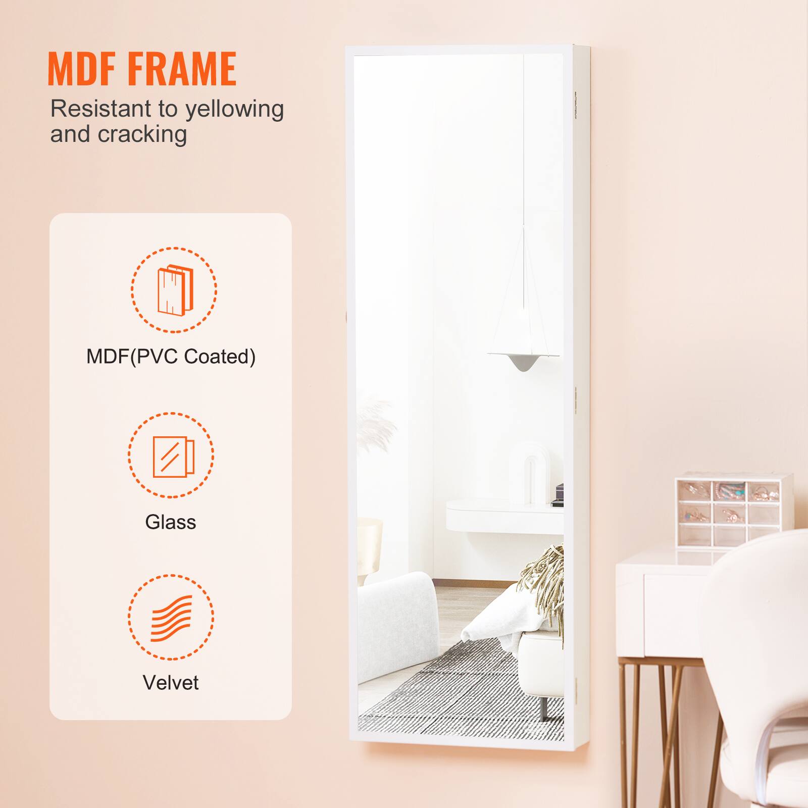 MDF FRAME  
Resistant to yellowing and cracking  

MDF(PVC Coated)  
Glass  
Velvet