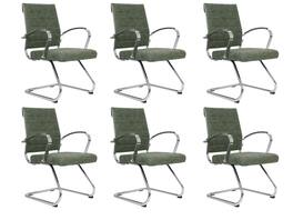 LeisureMod - Set of 6 Benmar Modern Leather Upholstered Office Computer Chair with Chrome Frame and Sled Base for Home or Office - Green