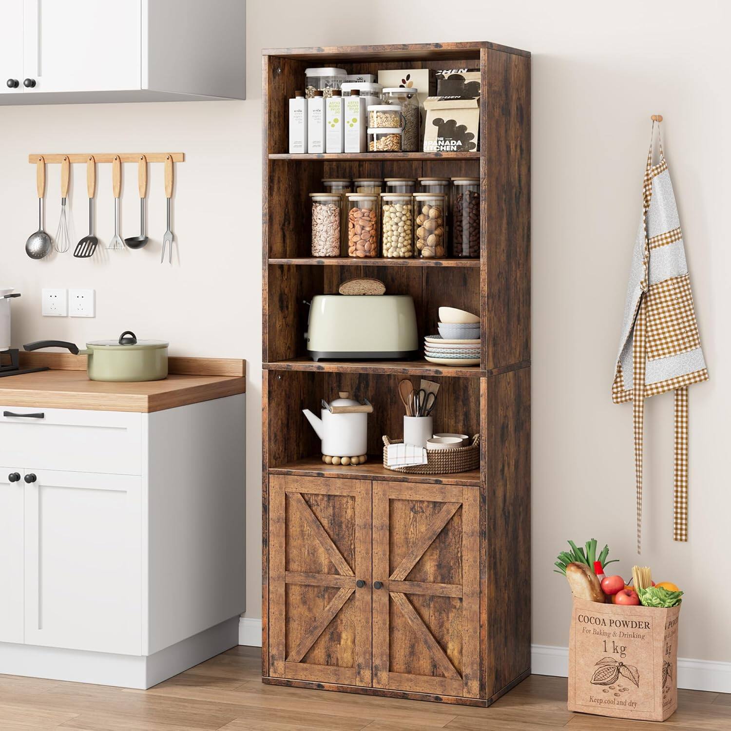 Acekool - 71.4" Tall Bookcases and Bookshelves, Farmhouse Bookshelf - Brown