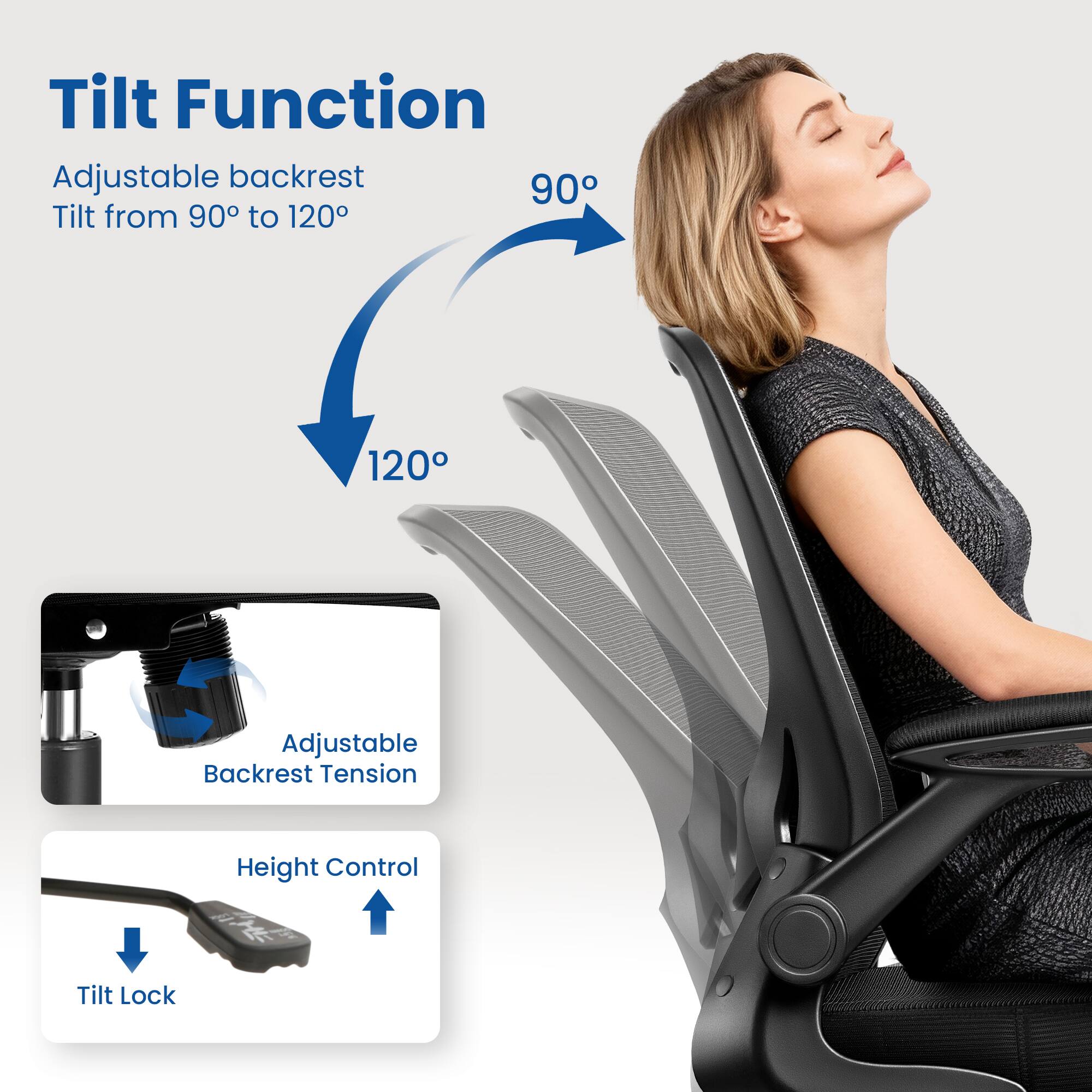 Tilt Function  
Adjustable backrest  
Tilt from 90° to 120°  

120°  

Adjustable Backrest Tension  
Height Control  
Tilt Lock