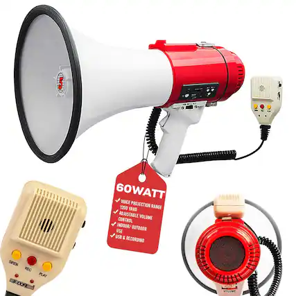 60WATT
VOICE PROJECTION
1200 YARD RANGE
ADJUSTABLE VOLUME CONTROL
INDOOR/OUTDOOR USE
USB & RECORDING
SIREN
REC
PLAY
VOLUME