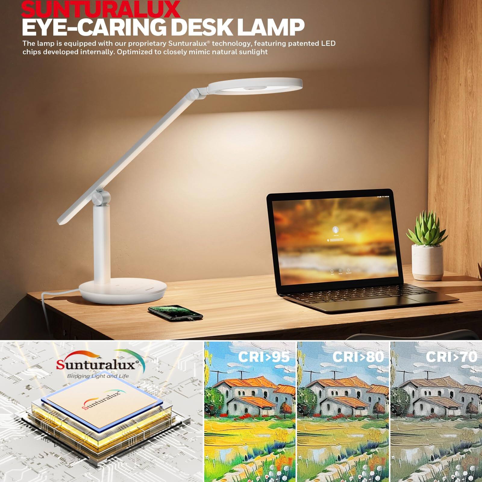 SUNTURALUX EYE-CARING DESK LAMP

The lamp is equipped with our proprietary Sunturalux* technology, featuring patented LED chips developed internally. Optimized to closely mimic natural sunlight.

Sunturalux Bridging Light and Life

CRI>95  
CRI>80  
CRI>70