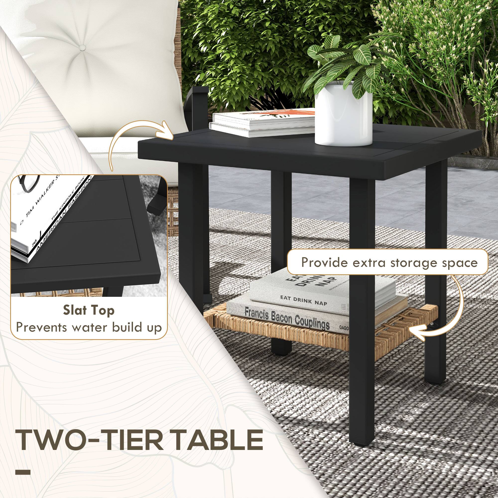 - Slat Top
  - Prevents water build up

- Provide extra storage space

TWO-TIER TABLE