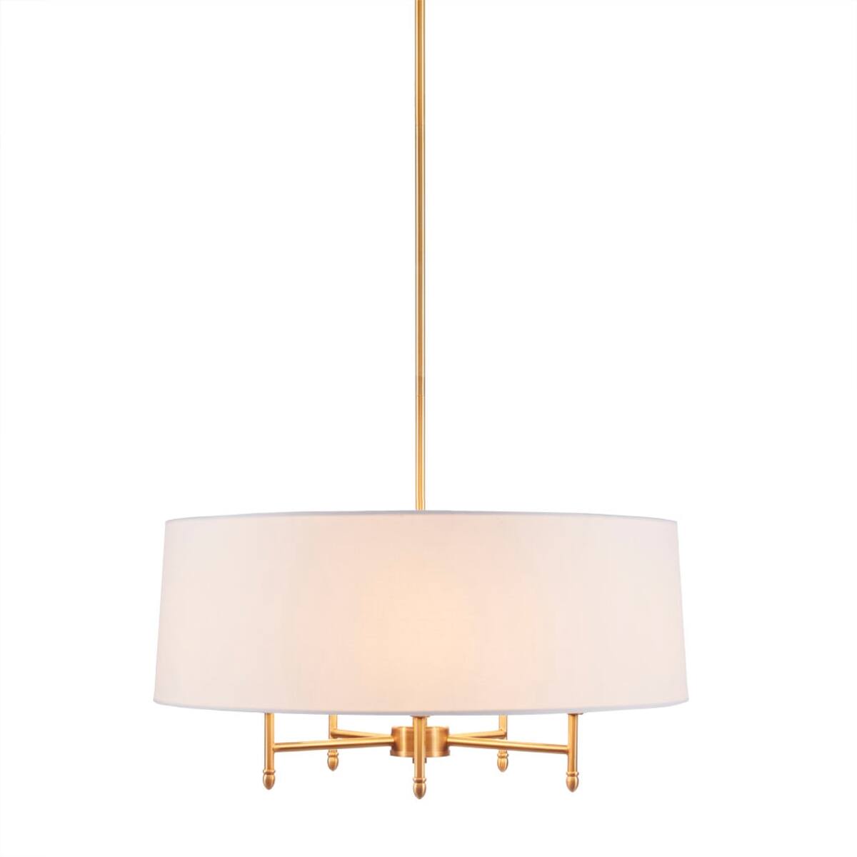 Left. Loheer - Loheer 5 Light Chandelier with White Drum Shade, Adjustable Plated Brass Fixture.