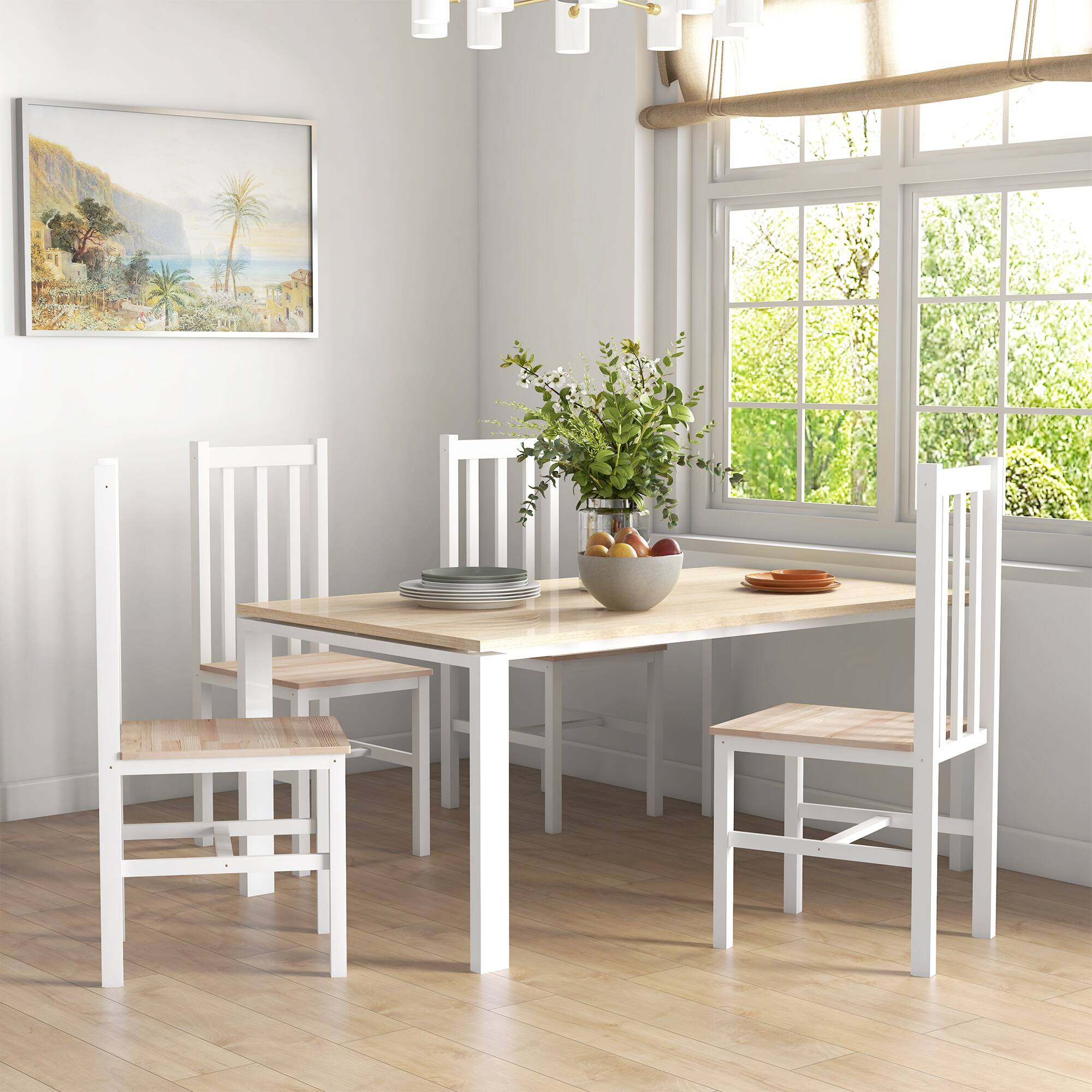 Angle. Homcom - Set of 4 Farmhouse Dining Chairs with Slat Back - White.