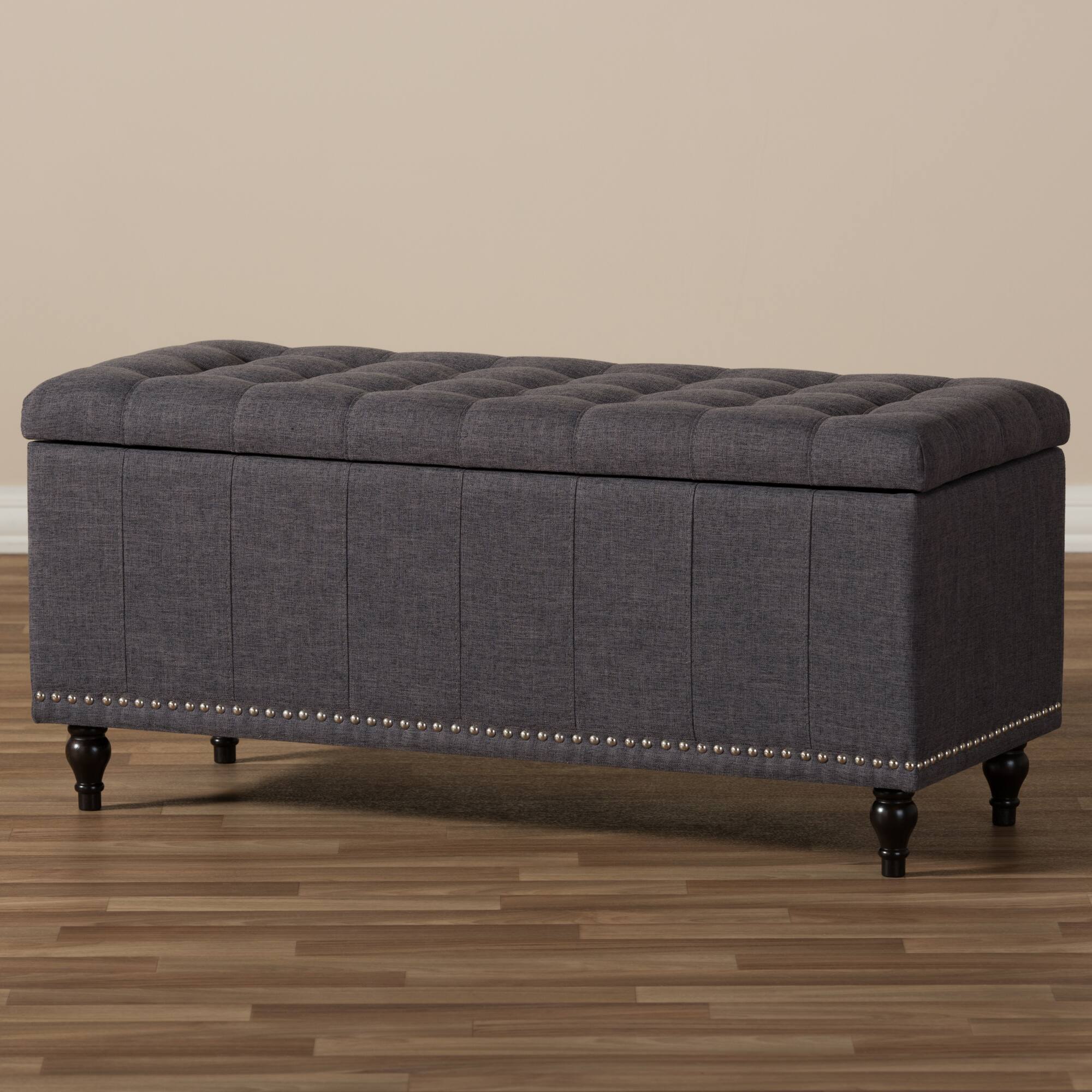 Alt View 6. Baxton Studio - Kaylee Modern Classic Fabric Upholstered Button-Tufting Storage Ottoman Bench - Dark Grey.