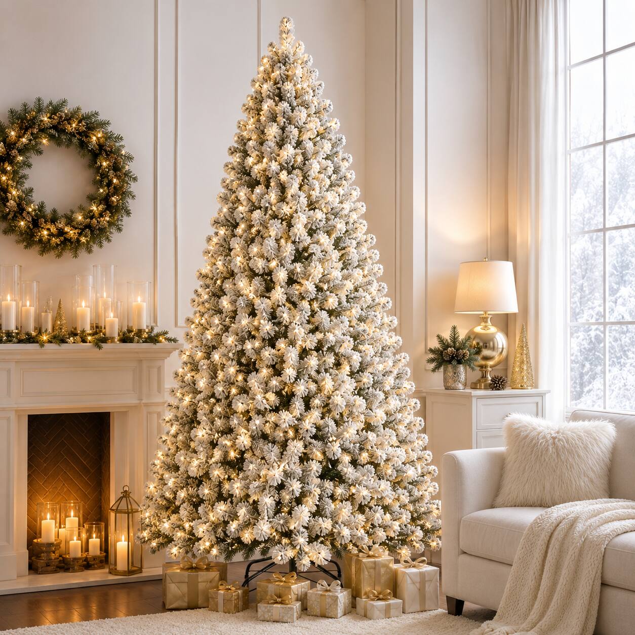 Front. Anysun - 9ft Flocked Snowy Pre-Lit Christmas Tree with 650 UL Warm White Lights, 1930 PVC Tips, Auto-Unfold Memory Wire - Green,White.