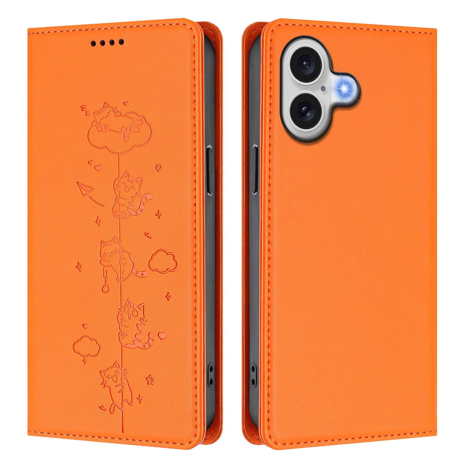Front. Dteck - for Apple iPhone 17 Slim Case,Cute Cat Embossed PU Leather+TPU Shockproof RFID Blocking Wallet Flip Card Holder Cover - Orange.
