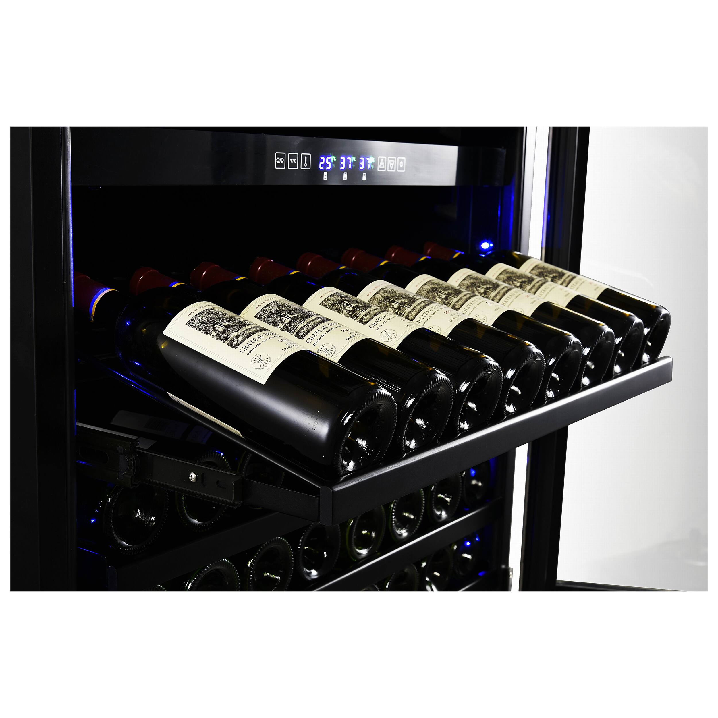 The image shows a wine rack with a total of 12 bottles of wine. The wine rack is filled with wine bottles, and there is a sign on the top of the rack that reads "25 degrees." The wine bottles are arranged in a neat and orderly manner, with some bottles placed horizontally and others vertically. The wine rack is located in a refrigerator, which is designed to keep the wine at an optimal temperature for preservation and enjoyment.